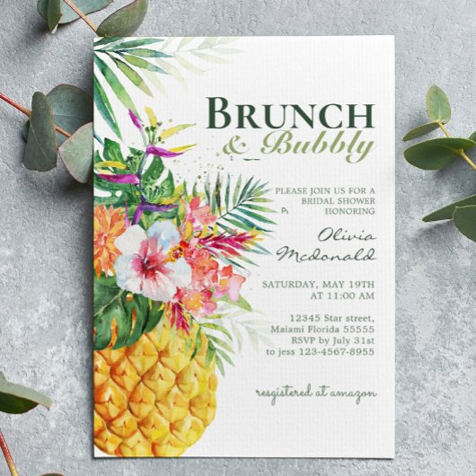 Invitation Brunch à ananas floral tropical et bulle