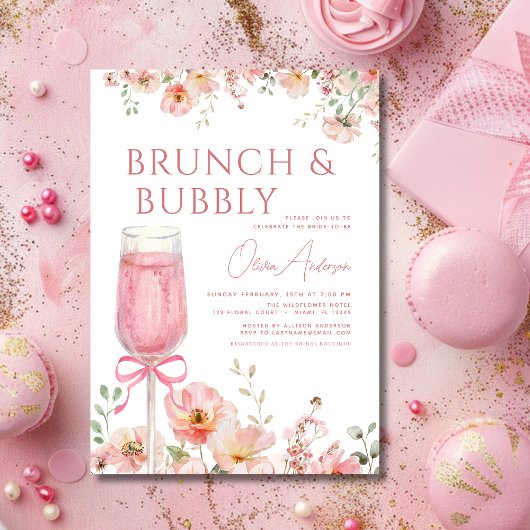 Invitation Brunch à la boule rose et Fête des mariées champag