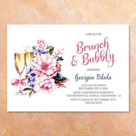 Invitation Brunch au champagne rose floral et mousseux