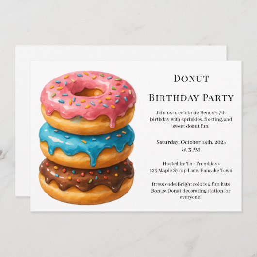 Invitation Brunch aux beignes | Fête d'anniversaire (Devant / Derrière)