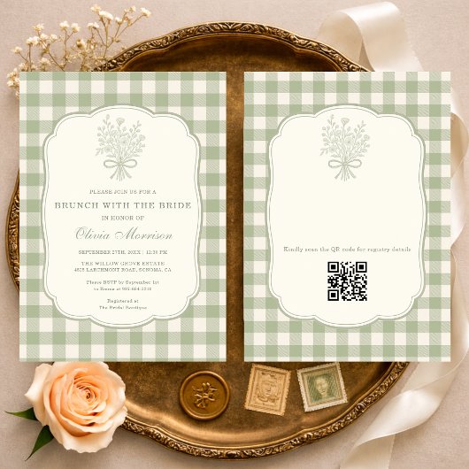 Invitation Brunch avec la mariée Gingham Code QR Shower