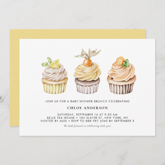 Invitation Brunch Baby shower Berry et Citrus Cupcakes (Devant / Derrière)