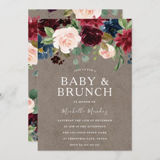 Invitation Brunch Baby shower bourguignon floral rustique (Devant / Derrière)