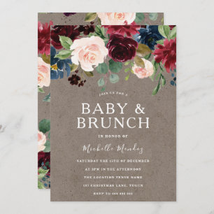 Invitation Brunch Baby shower bourguignon floral rustique