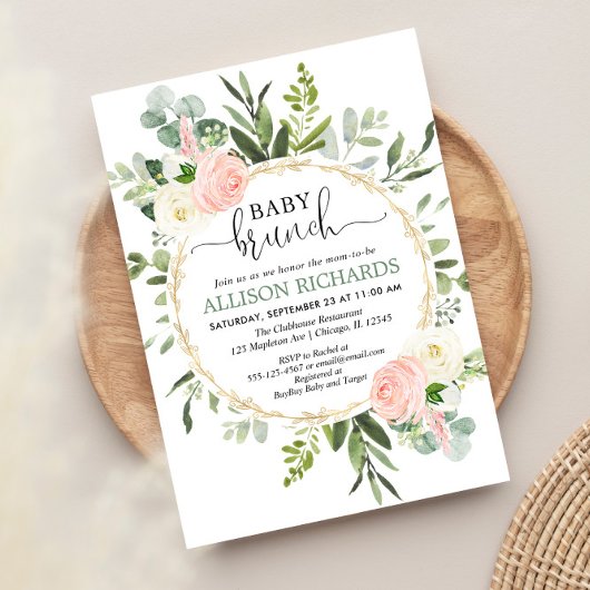 Invitation Brunch baby shower fille, Eucalyptus or rose
