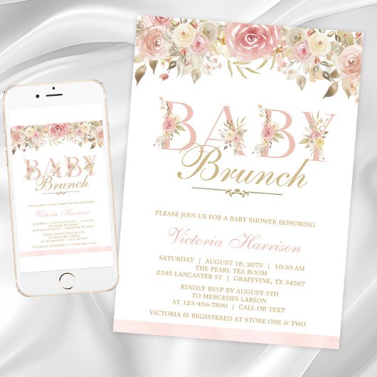Invitation Brunch Baby shower floral rose vif