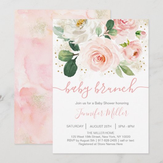 Invitation Brunch Baby shower rose et or floral (Devant / Derrière)