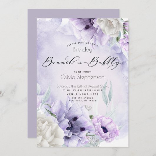 Invitation Brunch Bubbly Anniversaire Lilac Poppy (Devant / Derrière)