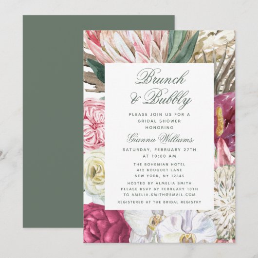 Invitation Brunch & Bubbly Aquarelle Fête des mariées florale (Devant / Derrière)