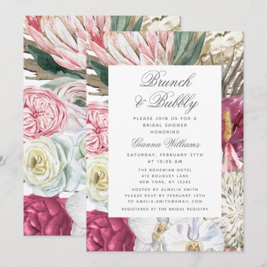 Invitation Brunch & Bubbly Aquarelle Fête des mariées florale (Devant / Derrière)