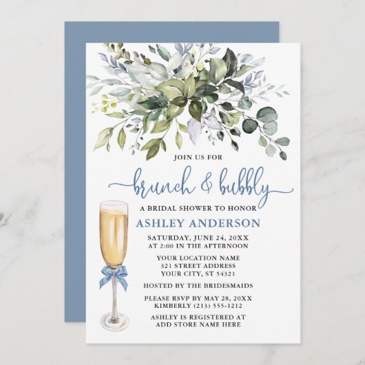 Invitation Brunch Bubbly Aquarelle verte Dusty Blue (Devant / Derrière)