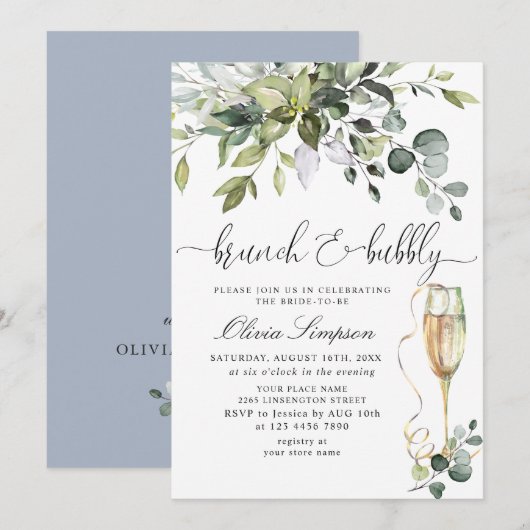 Invitation Brunch & Bubbly au eucalyptus simplement élégant (Devant / Derrière)