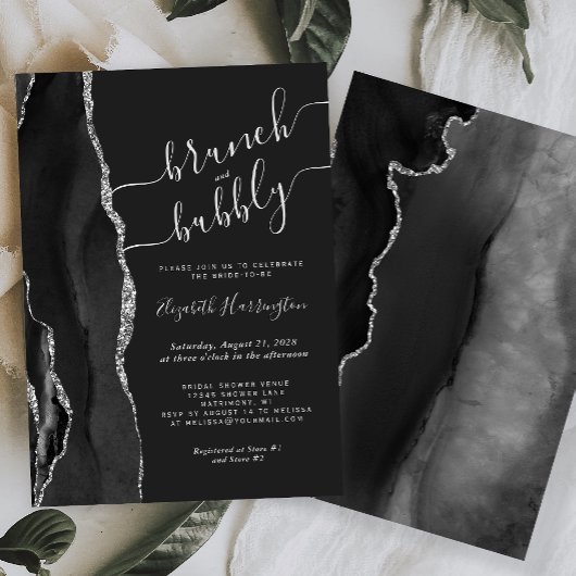 Invitation Brunch & Bubbly Black Silver Agate Enterrement de 