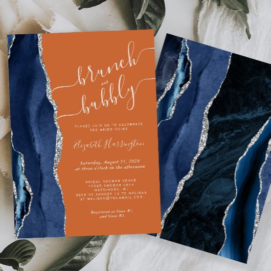 Invitation Brunch & Bubbly Bleu Argent Agate Orange Brûlé