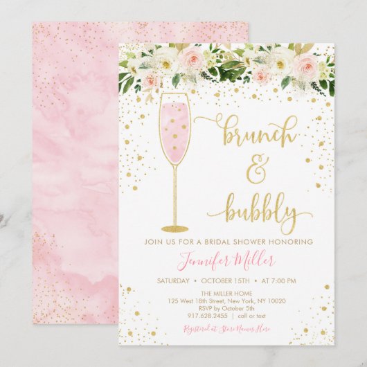 Invitation Brunch & Bubbly Blush & Gold Fête des mariées Flor (Devant / Derrière)