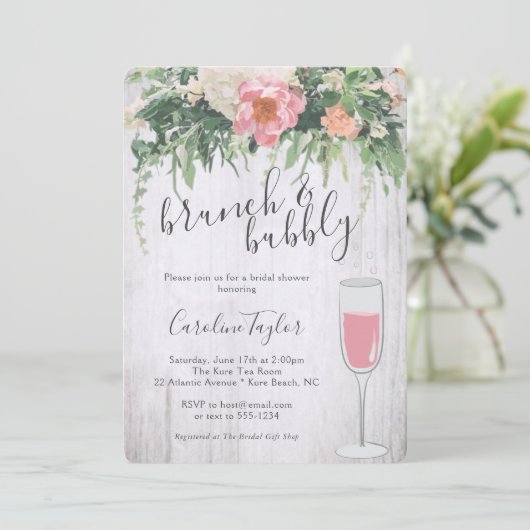 Invitation Brunch Bubbly Blush Rose Floral Vin Fête des marié (Debout devant)