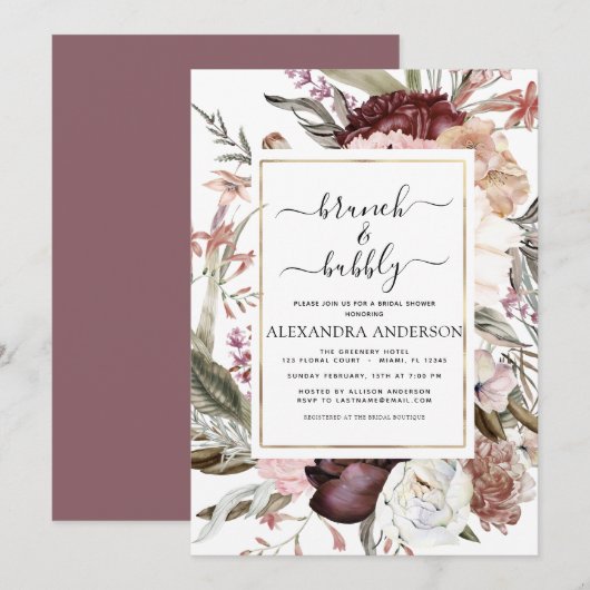 Invitation Brunch & Bubbly Boho Fête des mariées Bourgogne (Devant / Derrière)