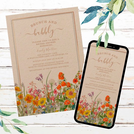Invitation Brunch & Bubbly Boho Fleurs sauvages Fête des mari