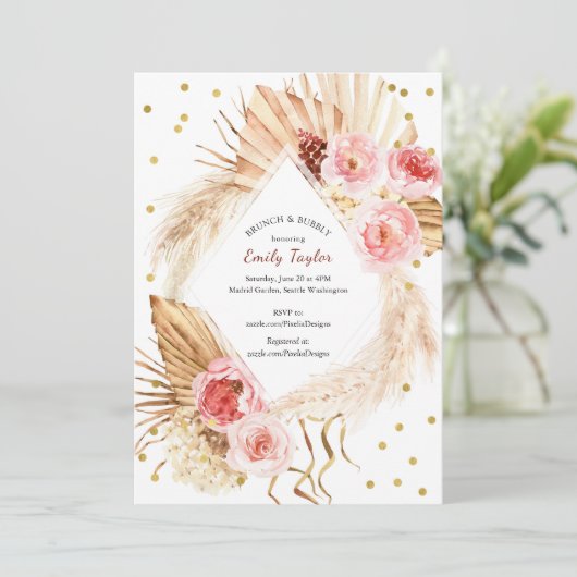 Invitation Brunch & Bubbly Boho Pampas Blush Rose Floral (Debout devant)