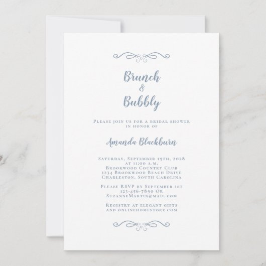 Invitation Brunch & Bubbly Elegant Dusty Blue Fête des mariée (Devant)