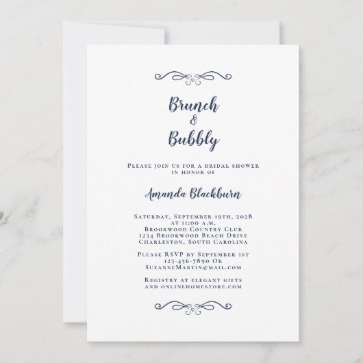 Invitation Brunch & Bubbly Elegant Navy Fête des mariées bleu (Devant)