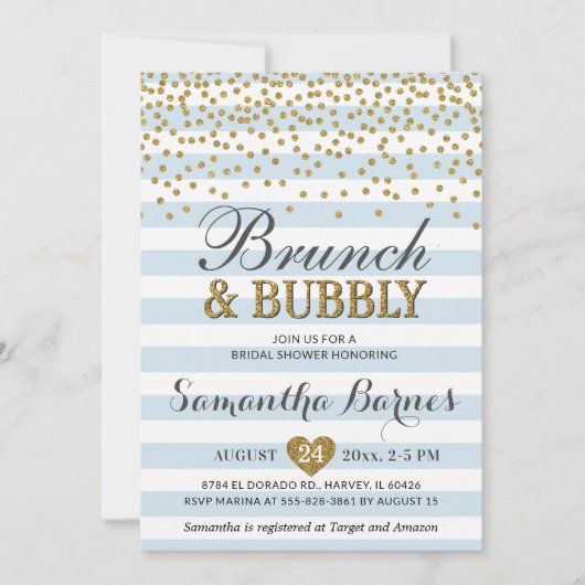 Invitation Brunch Bubbly Fête des mariées Bleu Bleu Or Chic (Devant)