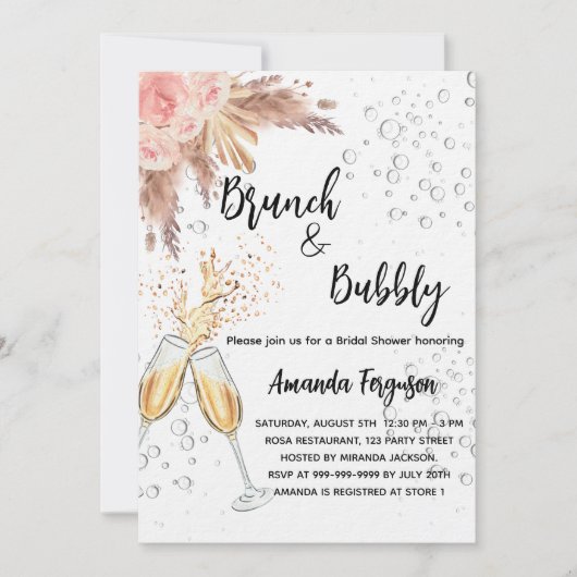 Invitation Brunch Bubbly Fête des mariées blush pampas luxe (Devant)