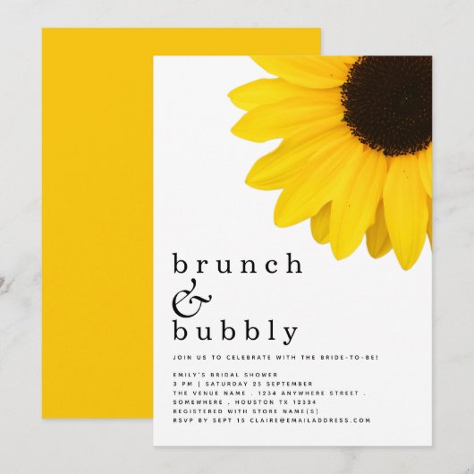 Invitation Brunch Bubbly Fête des mariées de tournesol jaune (Devant / Derrière)