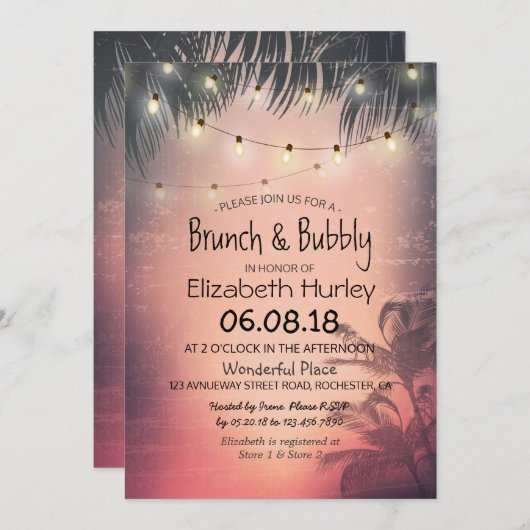Invitation Brunch Bubbly Fête des mariées été Palm Tree Lumiè (Devant / Derrière)