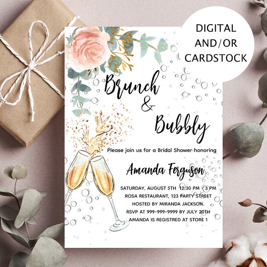 Invitation Brunch Bubbly Fête des mariées rose or fleuri