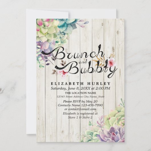 Invitation Brunch Bubbly Fête des mariées Succulent Bois rust (Devant)
