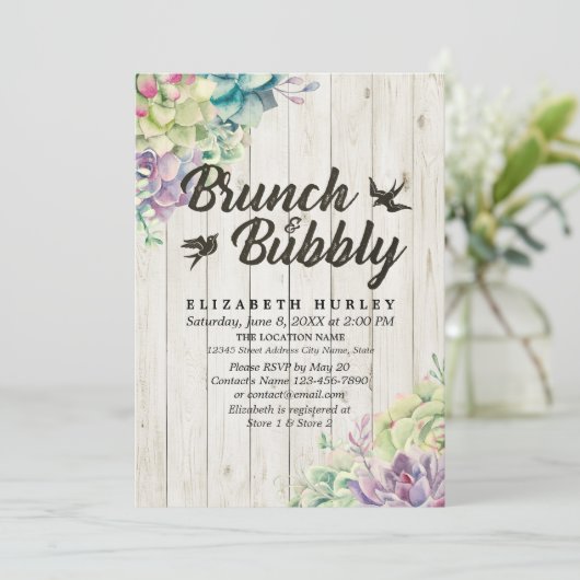 Invitation Brunch Bubbly Fête des mariées Succulent Bois rust (Debout devant)