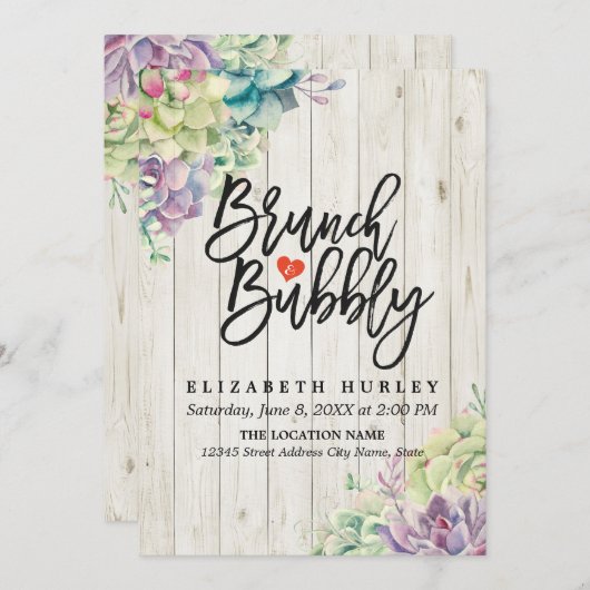 Invitation Brunch Bubbly Fête des mariées Succulent Bois rust (Devant / Derrière)