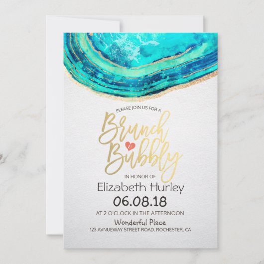 Invitation Brunch Bubbly Fête des mariées Turquoise Gold Agat (Devant)