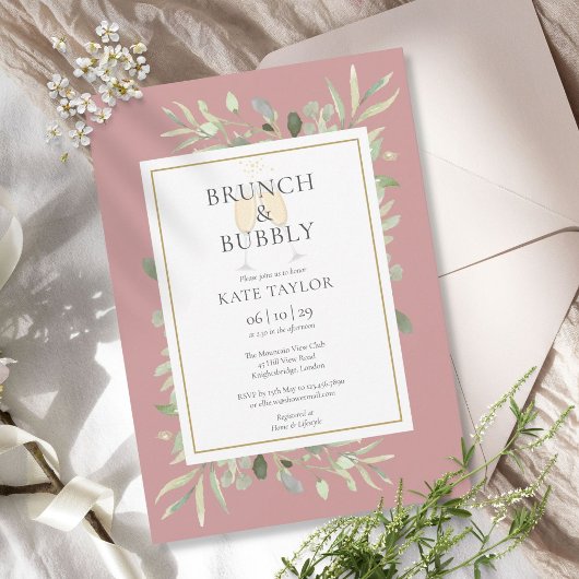 Invitation Brunch Bubbly Fête des mariées verdure Dusty Rose