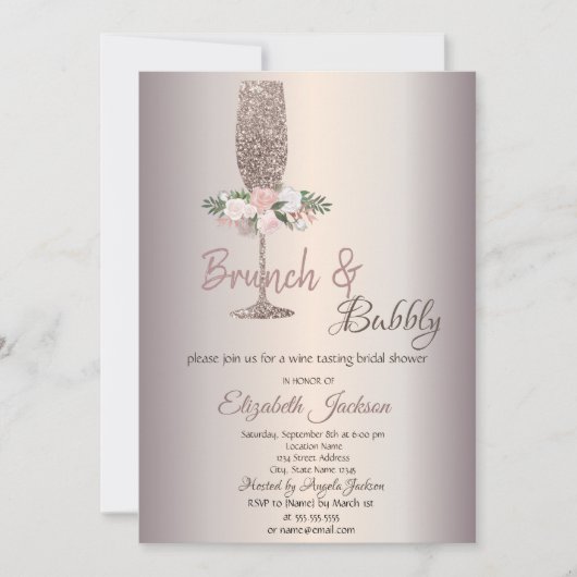 Invitation Brunch & Bubbly Fleurs Rose Fête des mariées or (Devant)