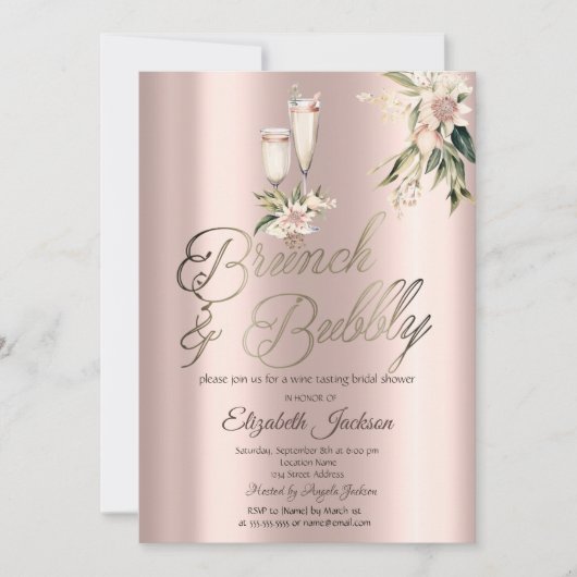 Invitation Brunch & Bubbly Fleurs Roses Vin Réception de Mari (Devant)