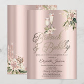 Invitation Brunch & Bubbly Fleurs Roses Vin Réception de Mari (Devant / Derrière)