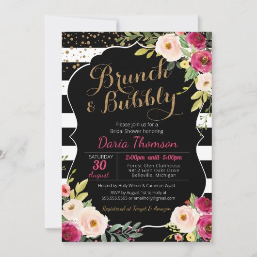 Invitation Brunch & Bubbly Floral Black White Rose Douche (Devant)
