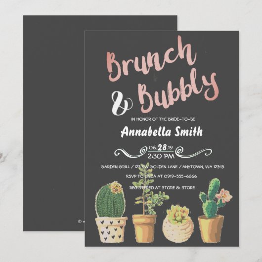 Invitation Brunch & Bubbly Floral Chalkboard Fête des mariées (Devant / Derrière)