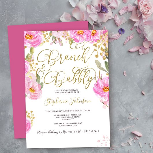 Invitation Brunch & Bubbly Floral rose et Fête des mariées or