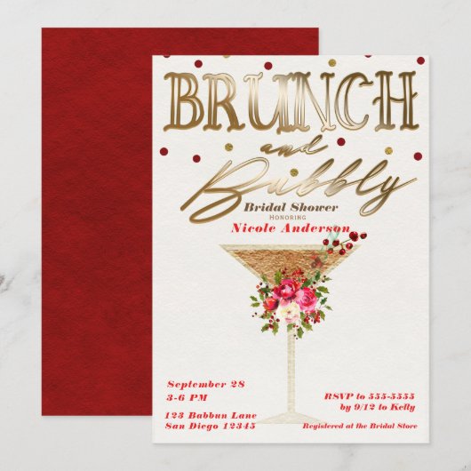 Invitation Brunch & Bubbly Gold Red Holiday Fête des mariées (Devant / Derrière)