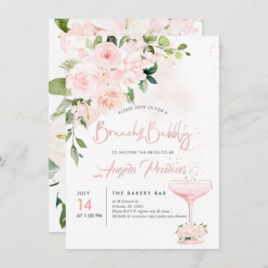 Invitation Brunch Bubbly H2 Blush Anthuriums Rose Peonies (Devant / Derrière)