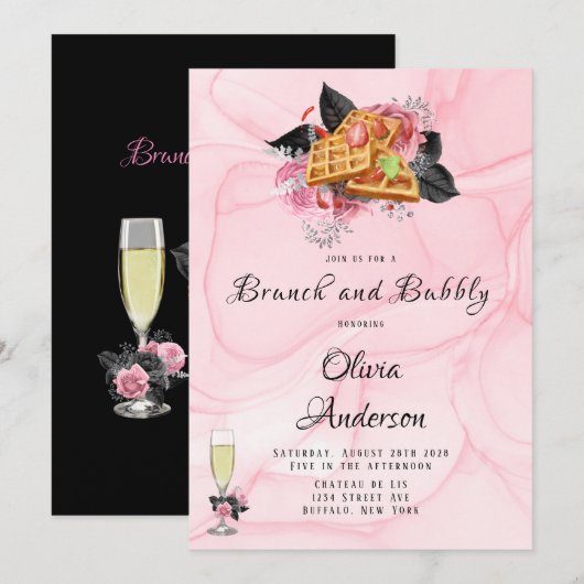 Invitation Brunch & Bubbly I à encres florales rose de luxe (Devant / Derrière)