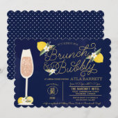 Invitation Brunch & Bubbly Lemon Gold Fête des mariées bleue (Devant / Derrière)