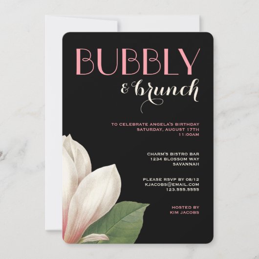Invitation Brunch Bubbly Magnolia Sud | Noir d'ivoire rose (Devant)