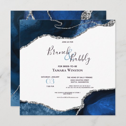 Invitation Brunch Bubbly Marine Argent Parties scintillant Ag (Devant / Derrière)