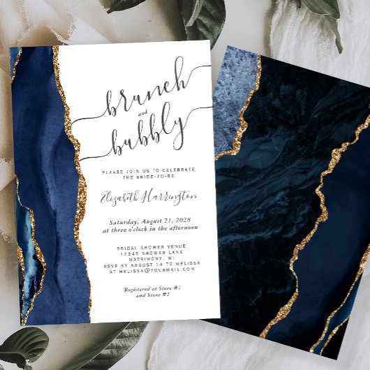 Invitation Brunch & Bubbly Marine Blue Gold Agate Fête des ma