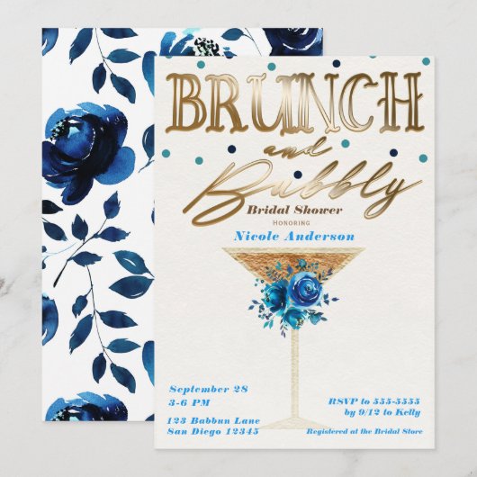 Invitation Brunch Bubbly Or Doré Bleu Sarcelle Floral Baignad (Devant / Derrière)