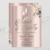 Invitation Brunch & Bubbly Pink Flowers Vin Fête des mariées (Devant / Derrière)